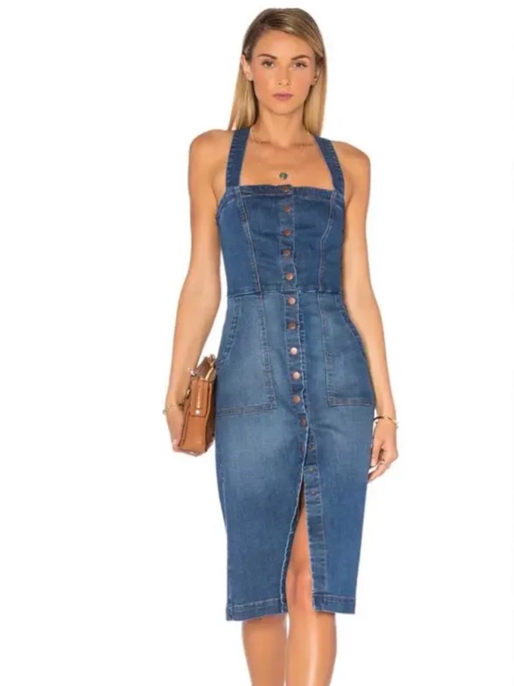 Level 99 Blue Denim Button-Front Pinafore Midi Dress